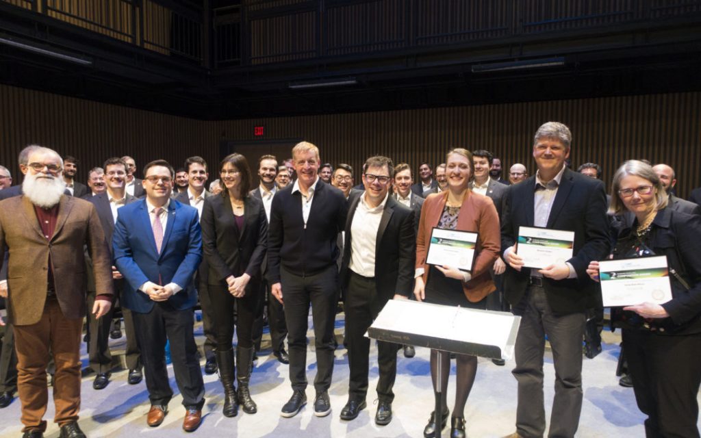 From left to right: Rodney Sharman, CMC BC Head Librarian Stefan Hintersteininger, Jocelyn Morlock, James Carter, Chor Leoni Artistic Director Erick Lichte, First Prize winner Marie-Claire Saindon, Second Prize winner Benjamin Bolden, Third Prize winner Gerda Blok-Wilson. Photo credit: Phil Jack, Chor Leoni.